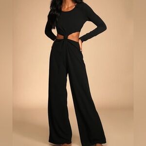Chose to Chill Black Long Sleeve Cutout Wide-Leg Jumpsuit